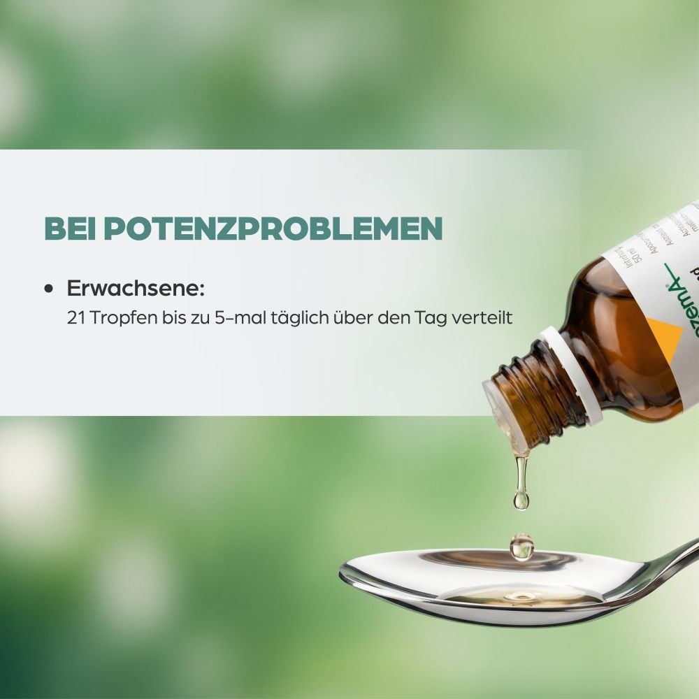 Tropfen werden auf einen Löffel getropft, Anwendung bei Potenzproblemen.