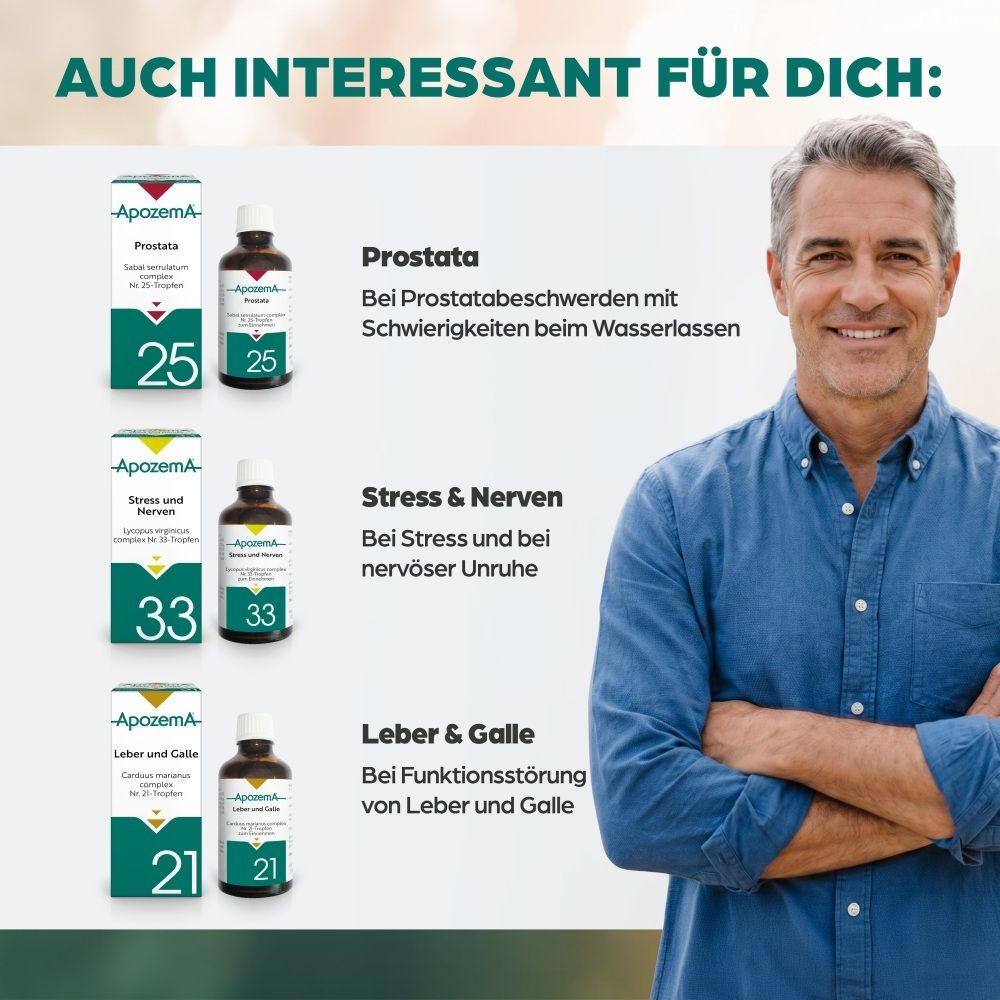Apozema® Produkte: Prostatitis, Stress & Nerven, Leber & Galle. Mann lächelt.