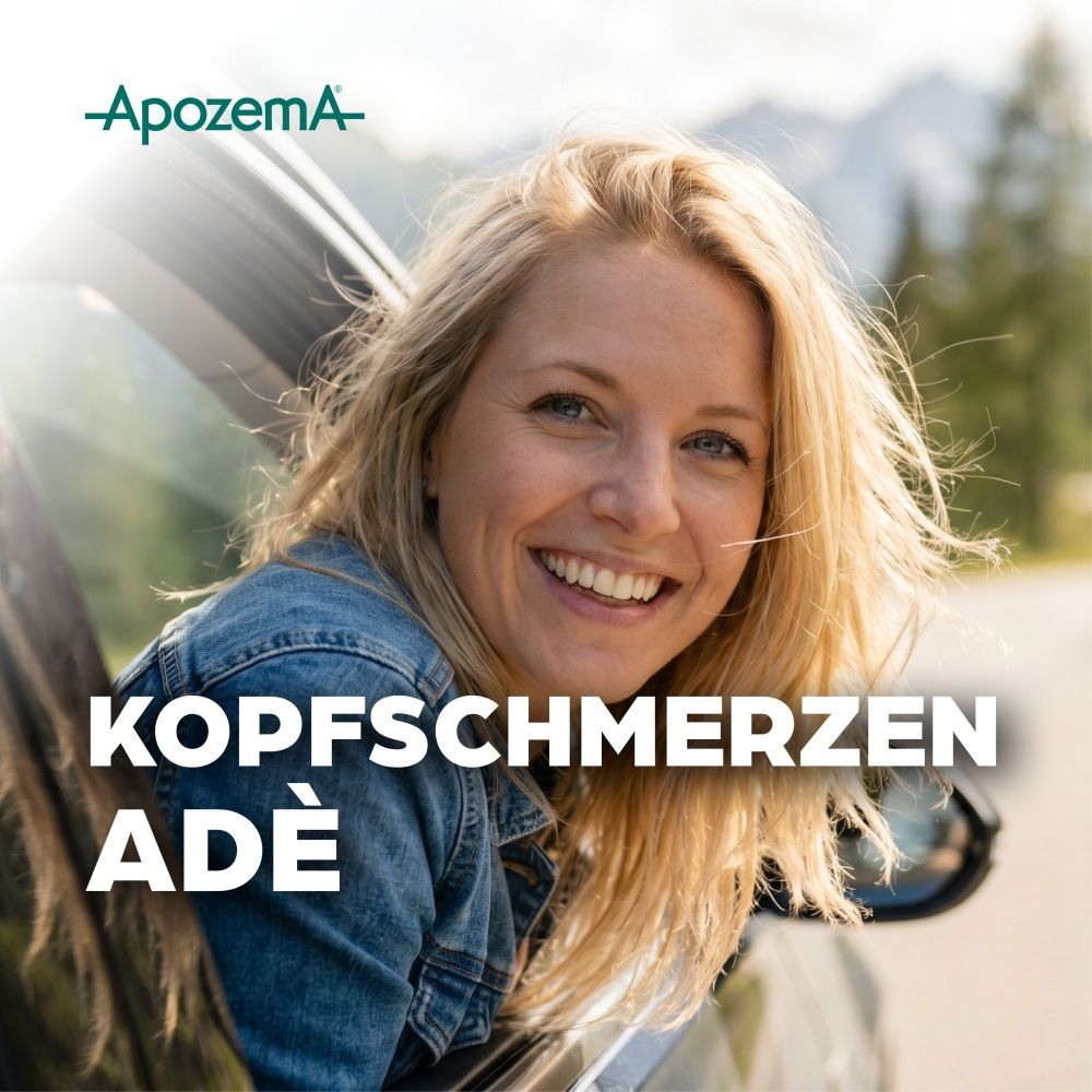 Lächelnde Frau im Auto mit Text „Kopfschmerzen Adé“.