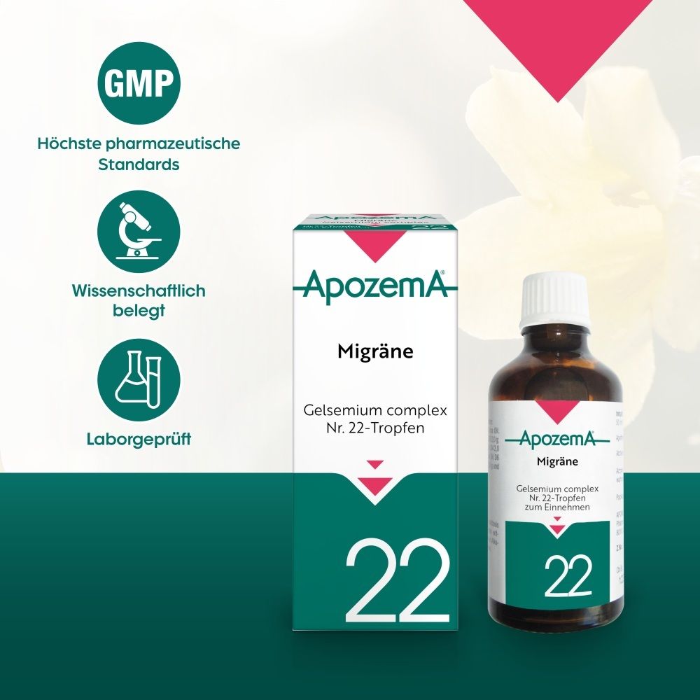 Apozema Migräne Tropfen Nr. 22: Flasche und Faltschachtel, mit Qualitätsmerkmalen wie GMP und Labor geprüft.