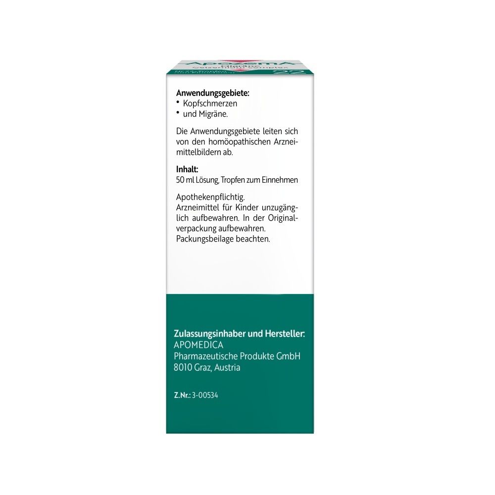 Rückseite der Faltschachtel von Apozema Migräne Tropfen Nr. 22 mit Anwendungshinweisen.