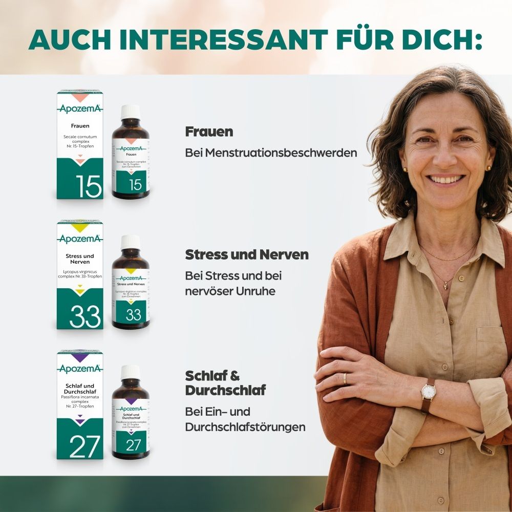 Apozema Produkte Nr. 15, 33, 27 für Frauen, Stress und Nerven, Schlaf & Durchschlaf.