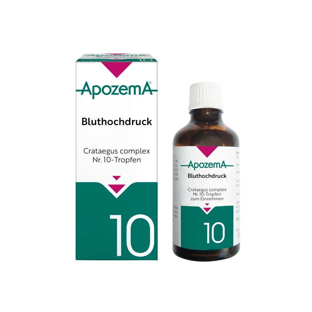 Apozema® Bluthochdruck-Tropfen Nr. 10: Flasche und Faltschachtel mit Produktinformationen.