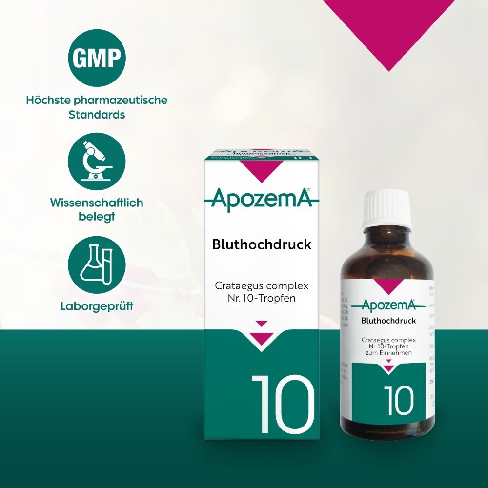 Apozema® Bluthochdruck-Tropfen Nr. 10: Flasche und Faltschachtel, mit GMP-Siegel und Qualitätsmerkmalen.