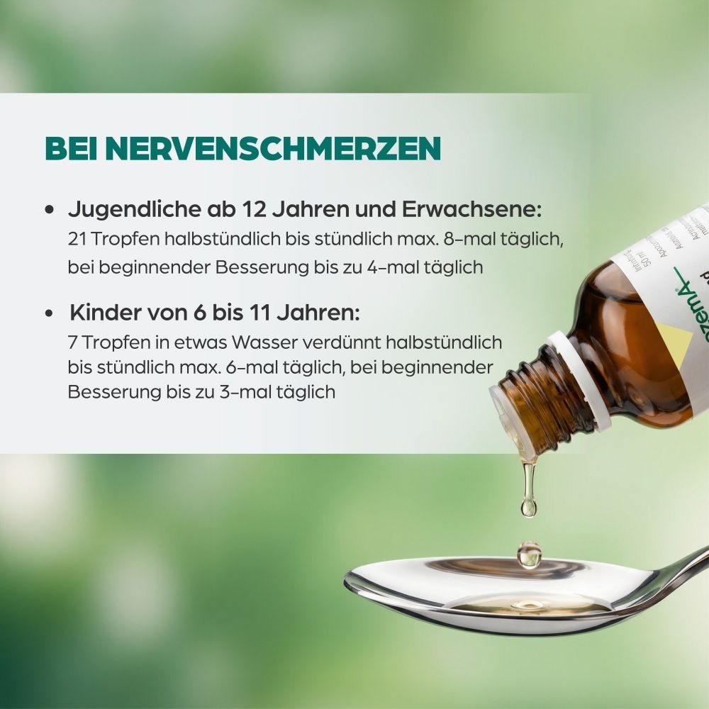 Tropfen werden auf einen Löffel gegeben, Text zur Dosierung für Jugendliche und Erwachsene.
