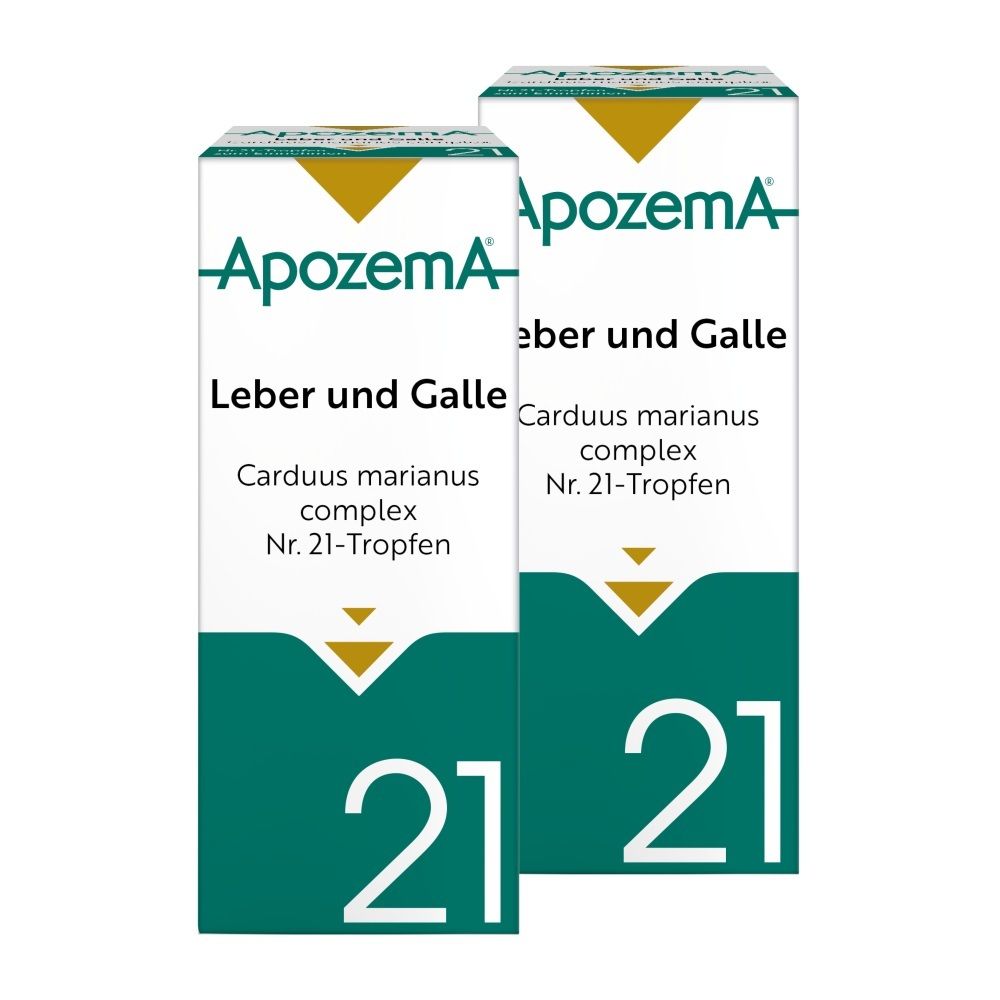 Apozema Leber und Galle Tropfen Nr. 21 mit Kartonverpackung.