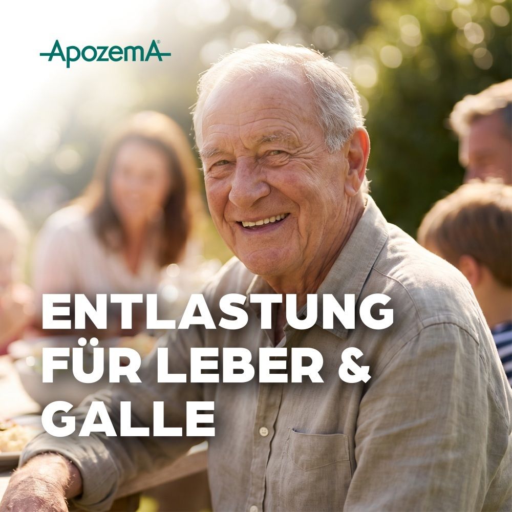 Älterer Mann lächelt, "Entlastung für Leber & Galle" Schriftzug, ApozemA Logo.