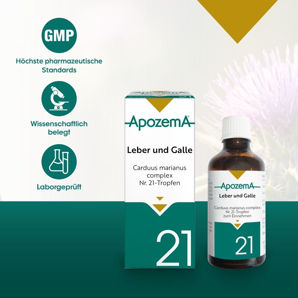 Apozema Leber und Galle Tropfen Nr. 21 mit GMP-Siegel und Laborprüfung.