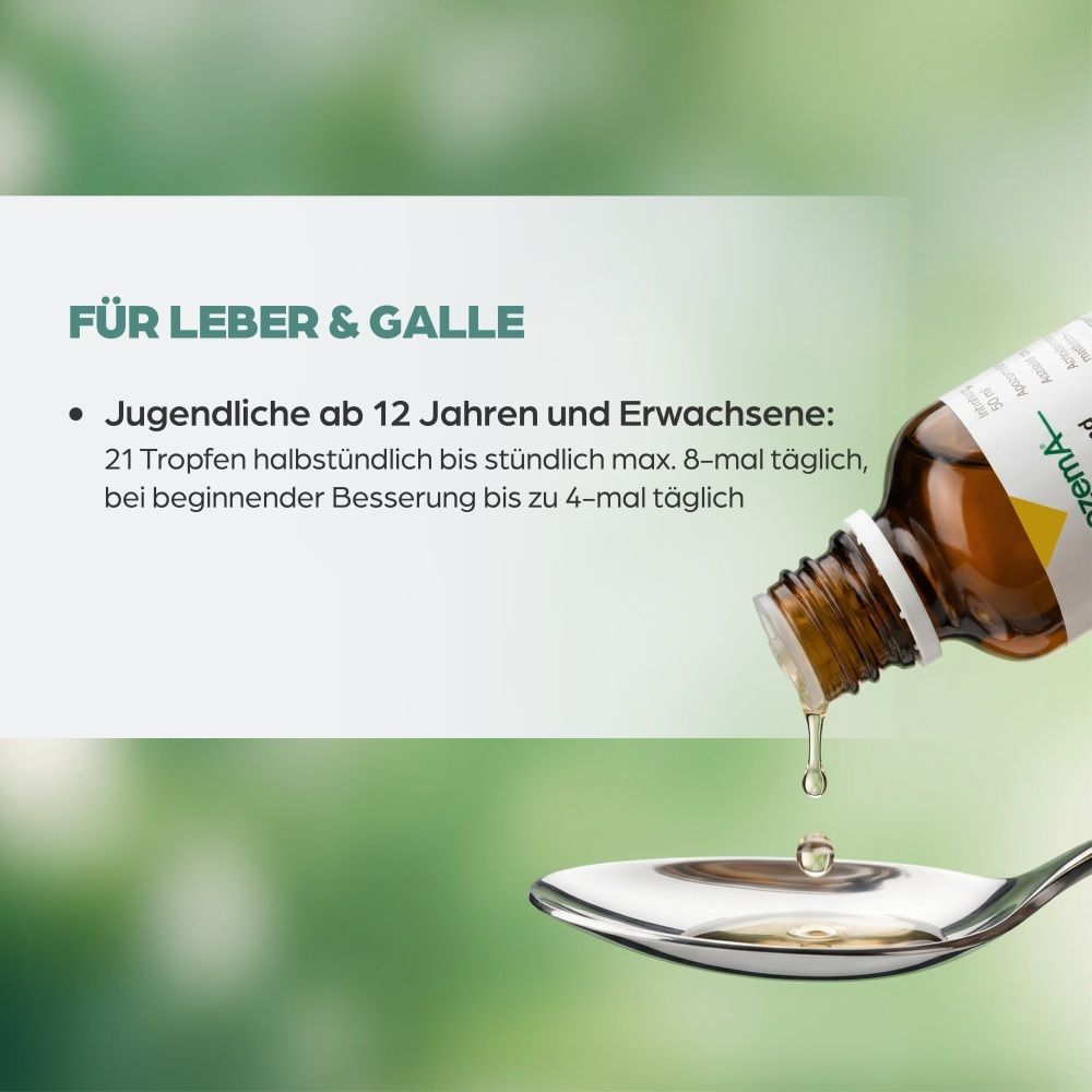 Braune Tropfflasche mit weißem Etikett, Flüssigkeit tropft auf einen Löffel.
