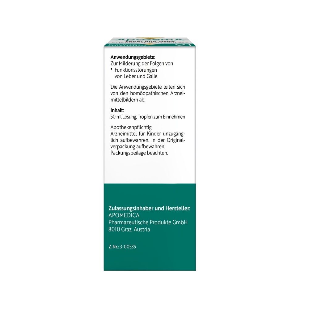 Rückseite der Apozema Leber und Galle Tropfen Nr. 21 Verpackung mit Anwendungshinweisen.