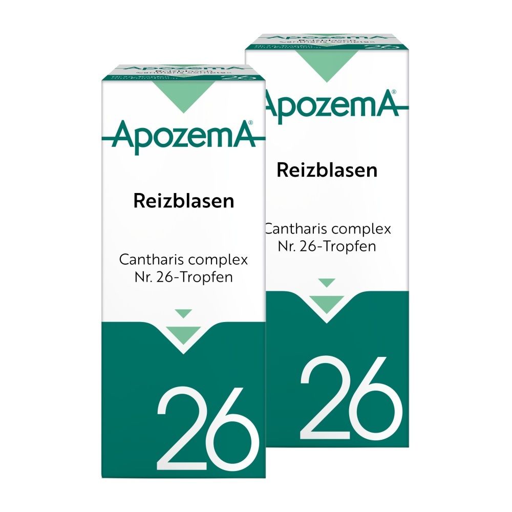 Apozema Reizblasen Tropfen Nr. 26: Braune Glasflasche mit weißem Schraubverschluss und Faltschachtel daneben.