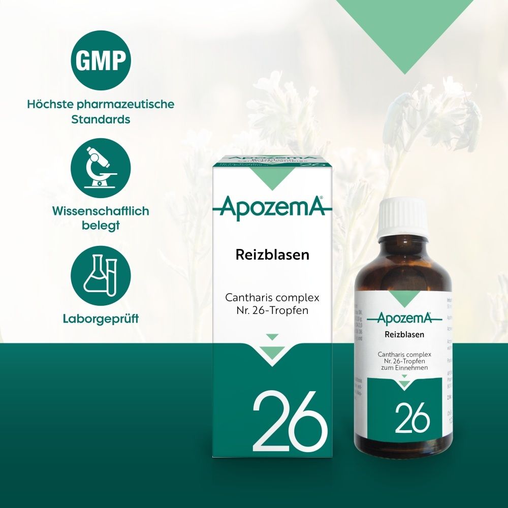Apozema Reizblasen Tropfen Nr. 26: Flasche und Schachtel mit GMP-Siegel und Qualitätsmerkmalen.