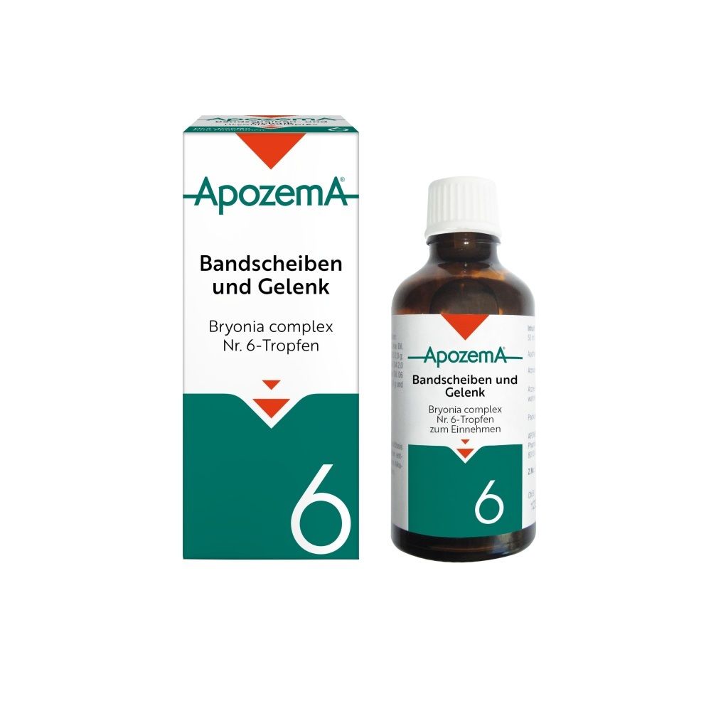 Apozema® Bandscheiben- und Gelenk-Tropfen Nr. 6: Kartonverpackung und Tropfflasche.