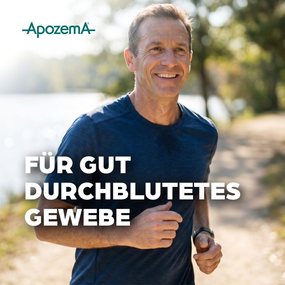 Lächelnder Mann mittleren Alters beim Joggen im Freien, mit Text "Für gut durchblutetes Gewebe".