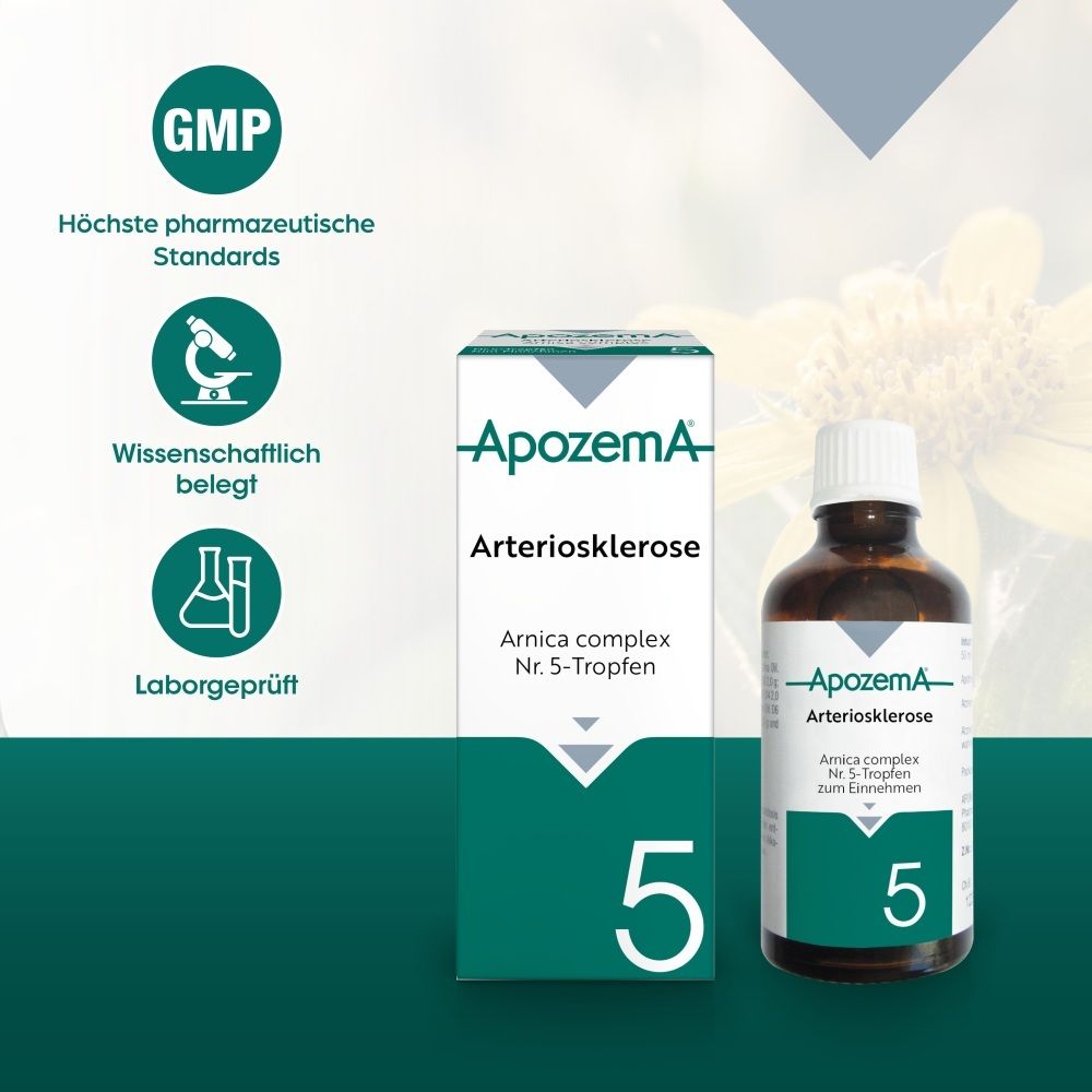 APOZEMA® Arteriosklerose-Tropfen Nr. 5: Flasche, Schachtel und Qualitätszertifikate (GMP, wissenschaftlich belegt, laborgeprüft).