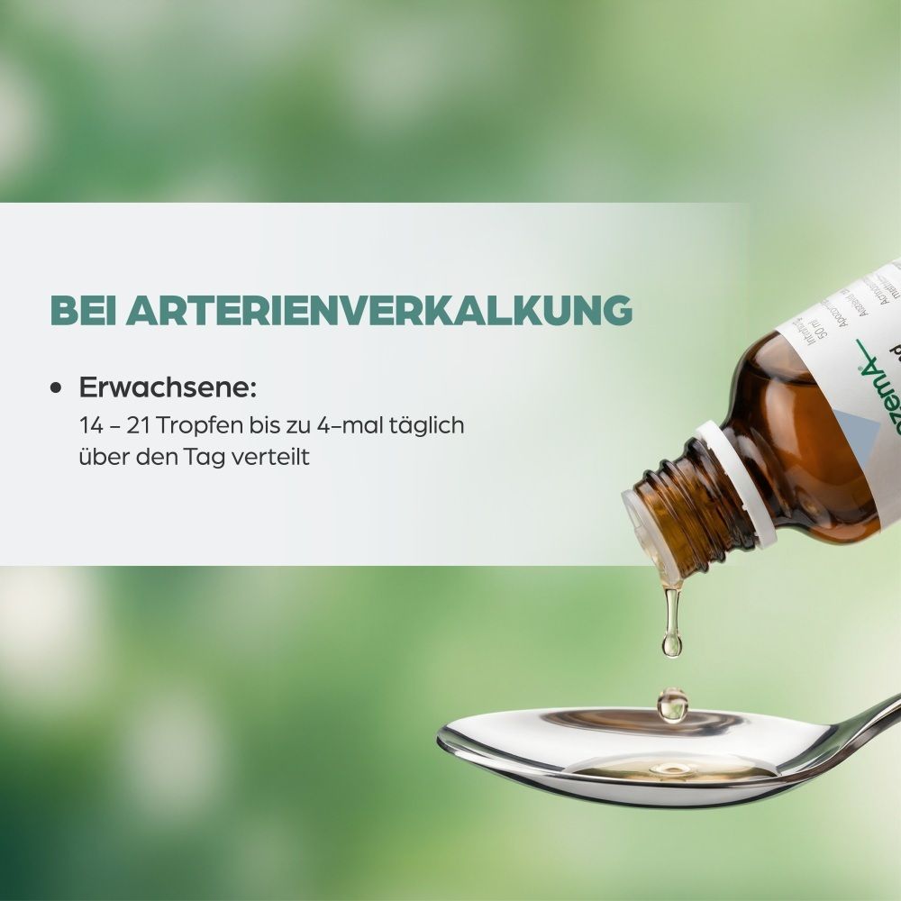 Tropfen APOZEMA® Arteriosklerose Nr. 5 werden auf einen Löffel getropft, mit Text zu Anwendungshinweisen.