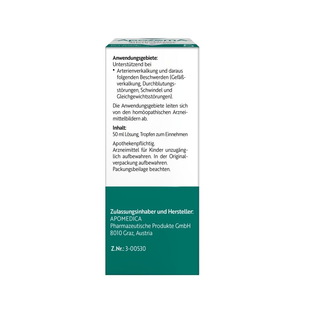 Rückseite der Faltschachtel APOZEMA® Arteriosklerose-Tropfen Nr. 5 mit Anwendungsinformationen und Herstellerangaben.