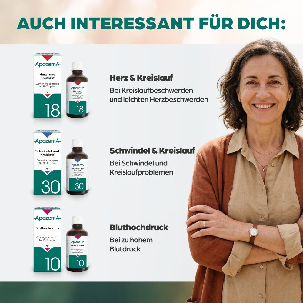 APOZEMA® Produkte für Herz & Kreislauf, Schwindel & Kreislauf, Bluthochdruck, mit Frau im Hintergrund.