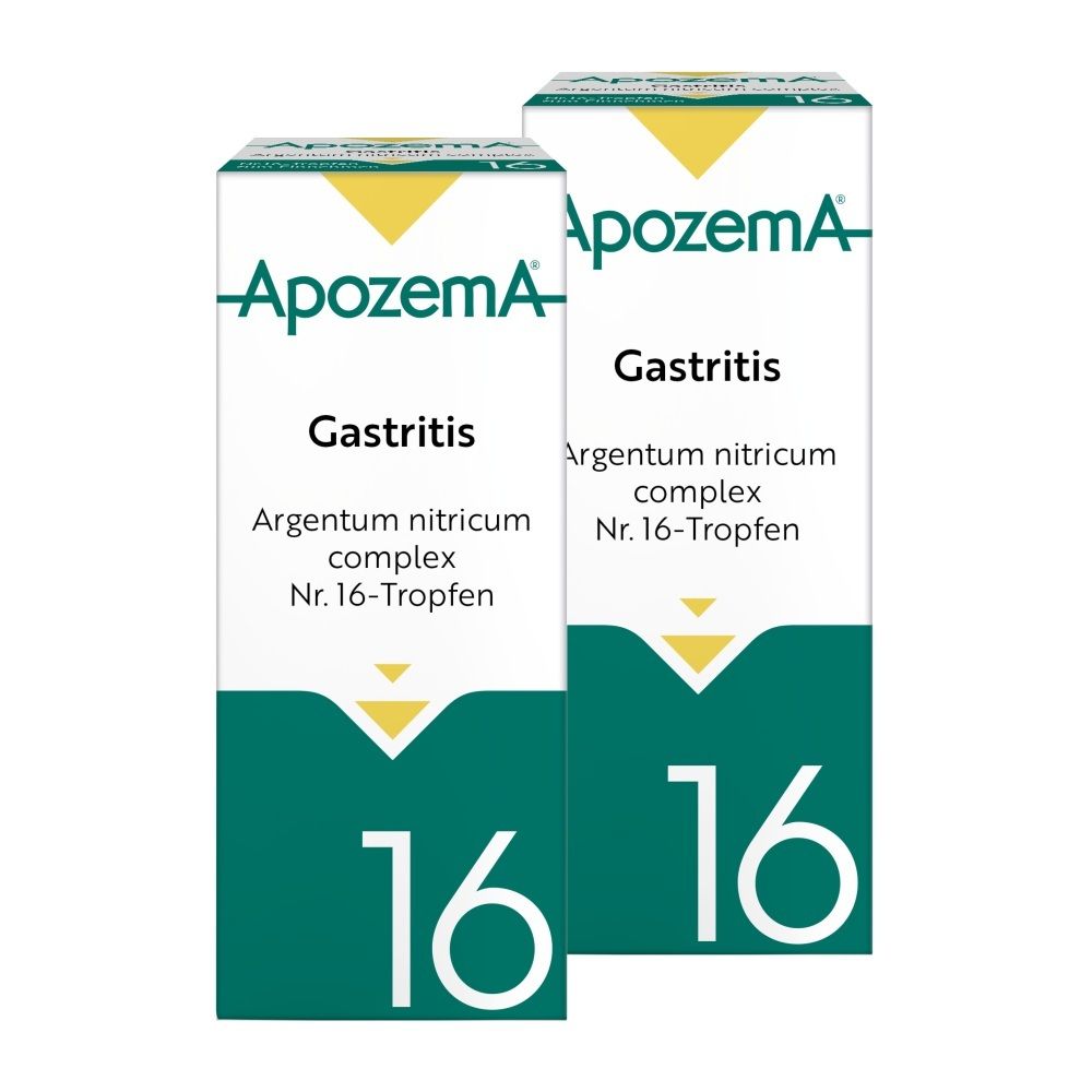 Apozema Gastritis Tropfen Nr. 16: Fläschchen und Faltschachtel mit Produktinformationen.