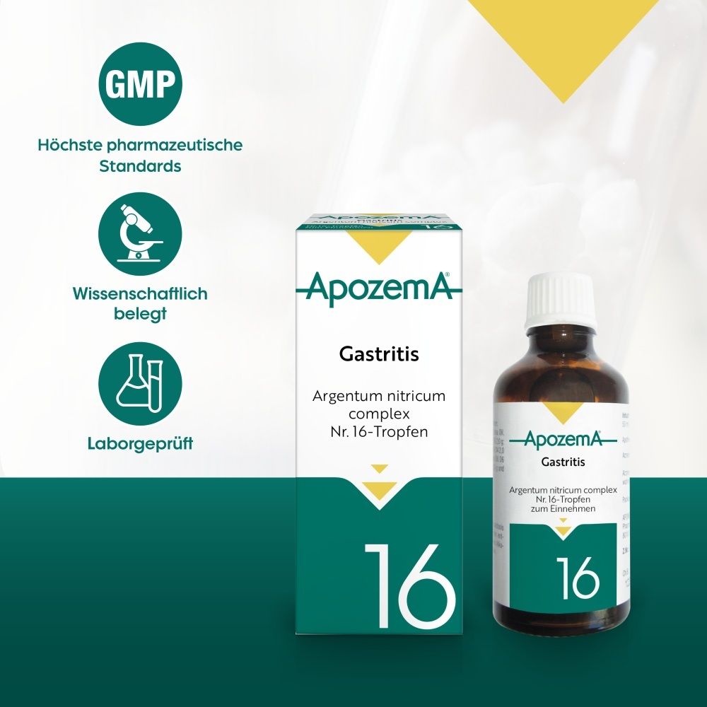 Apozema Gastritis Tropfen Nr. 16: Faltschachtel, Fläschchen und Qualitätszertifikate (GMP, wissenschaftlich belegt, laborgeprüft).