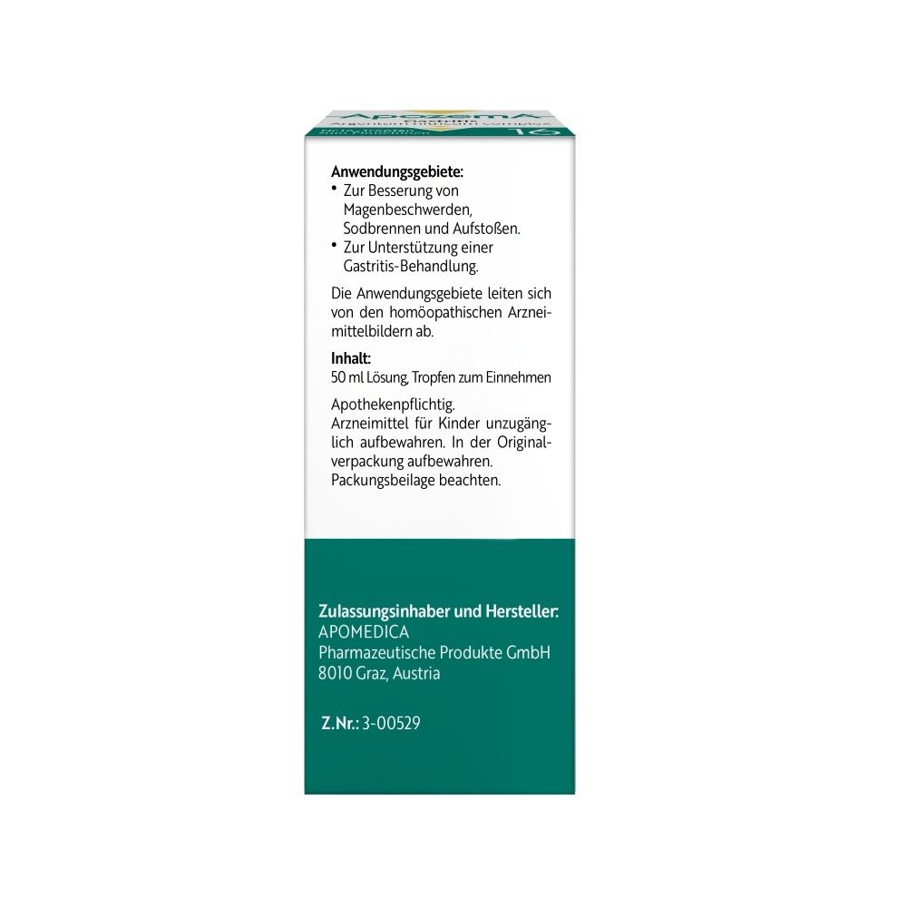 Rückseite der Faltschachtel von Apozema Gastritis Tropfen Nr. 16 mit Anwendungsinformationen und Herstellerdetails.