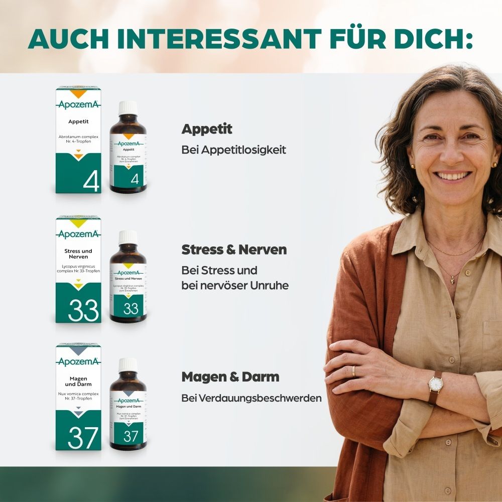 Apozema Gastritis Tropfen Nr. 16: Fläschchen mit weißem Schraubverschluss, braunes Glas.