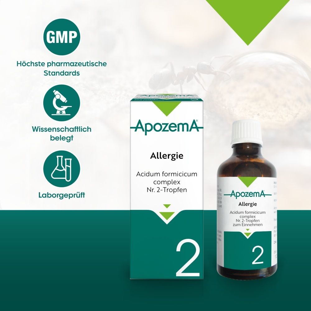 ApozemA Allergie Tropfen Nr. 2: Flasche und Faltschachtel neben GMP- und Laborsiegeln.