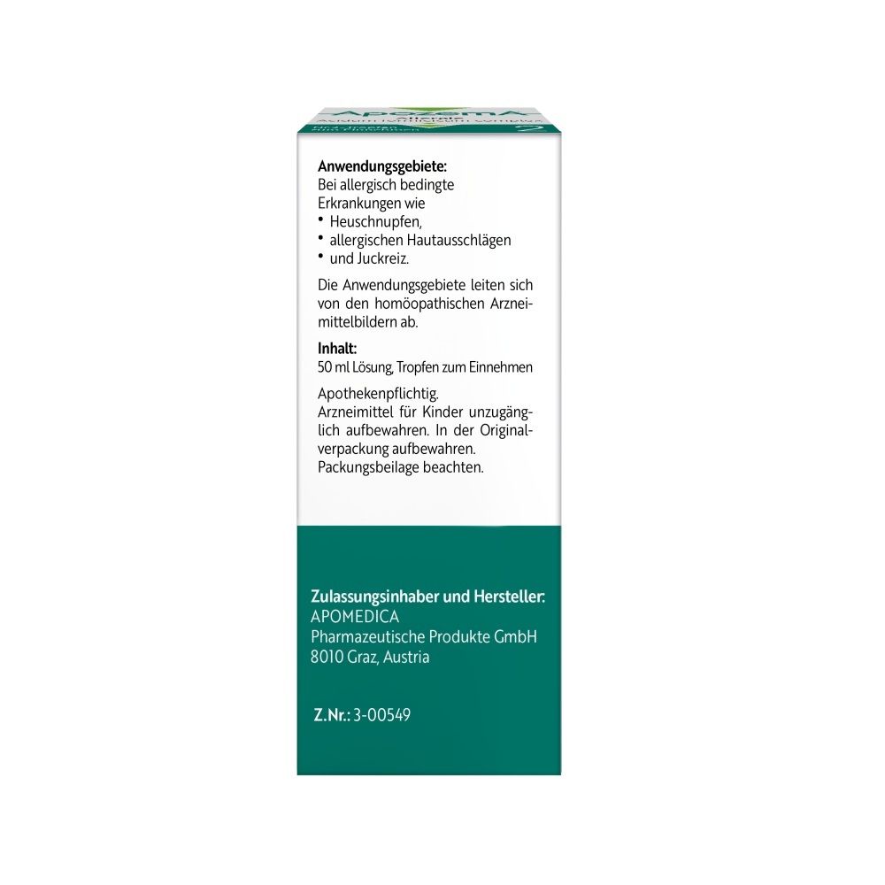 Rückseite der ApozemA Allergie Tropfen Nr. 2 Faltschachtel mit Anwendungsinformationen.
