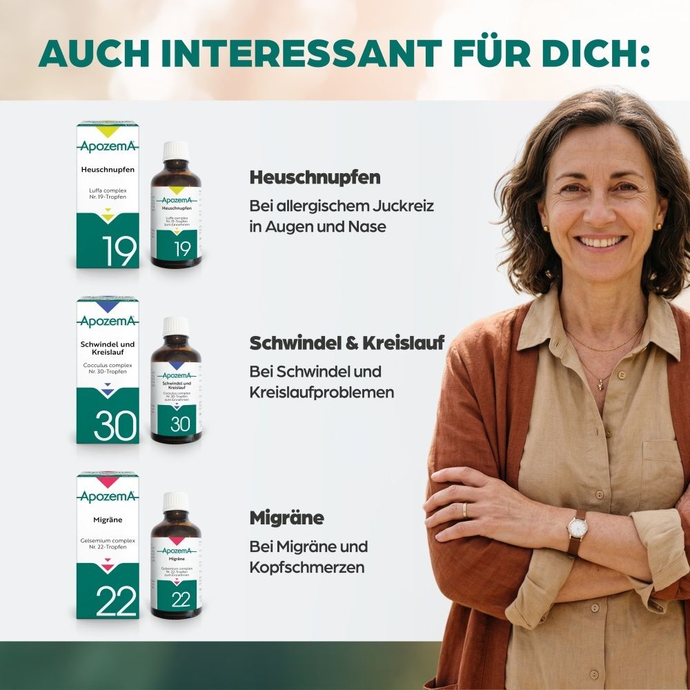 Frau lächelt. Daneben: ApozemA Produkte für Heuschnupfen, Schwindel, Migräne.