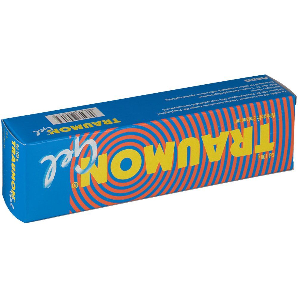 Blau-orange Schachtel mit gelbem Schriftzug TRAUMON Gel. Barcode und Produktinformationen auf der Verpackung.