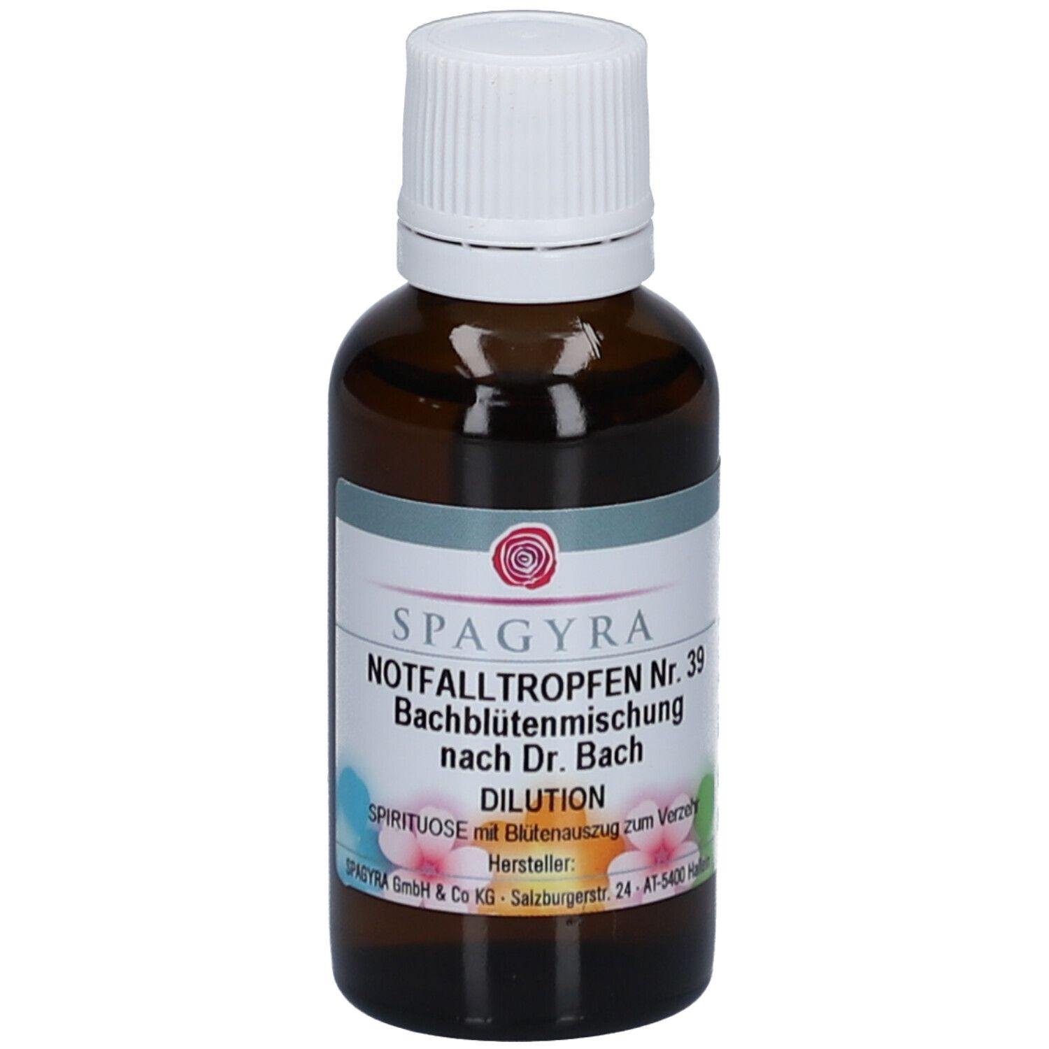 Braune Glasflasche mit weißem Schraubverschluss. Etikett mit Text: SPAGYRA, Notfalltropfen Nr. 39, Bachblütenmischung.