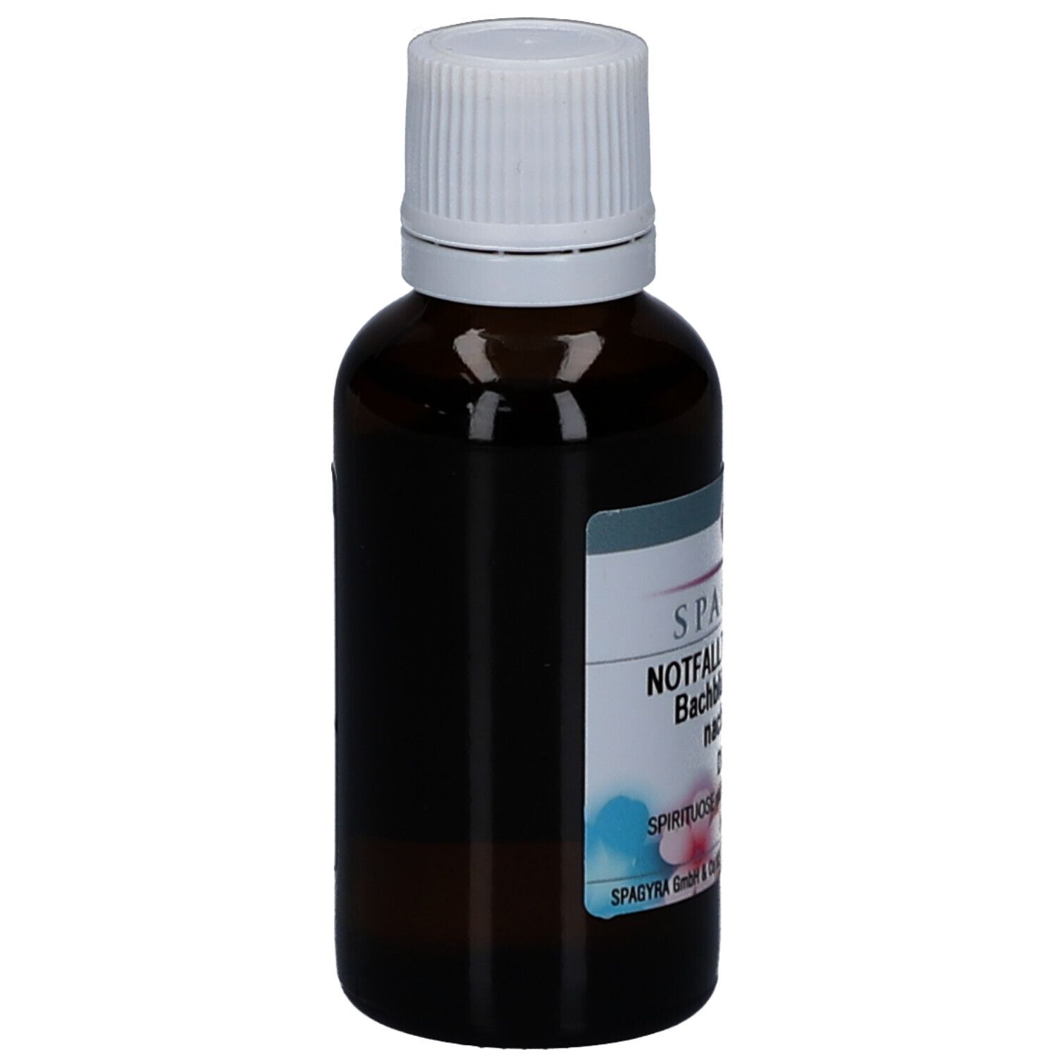 Braune Glasflasche mit weißem Schraubverschluss. Etikett mit Text: SPAGYRA, Notfalltropfen Nr. 39, Bachblütenmischung.