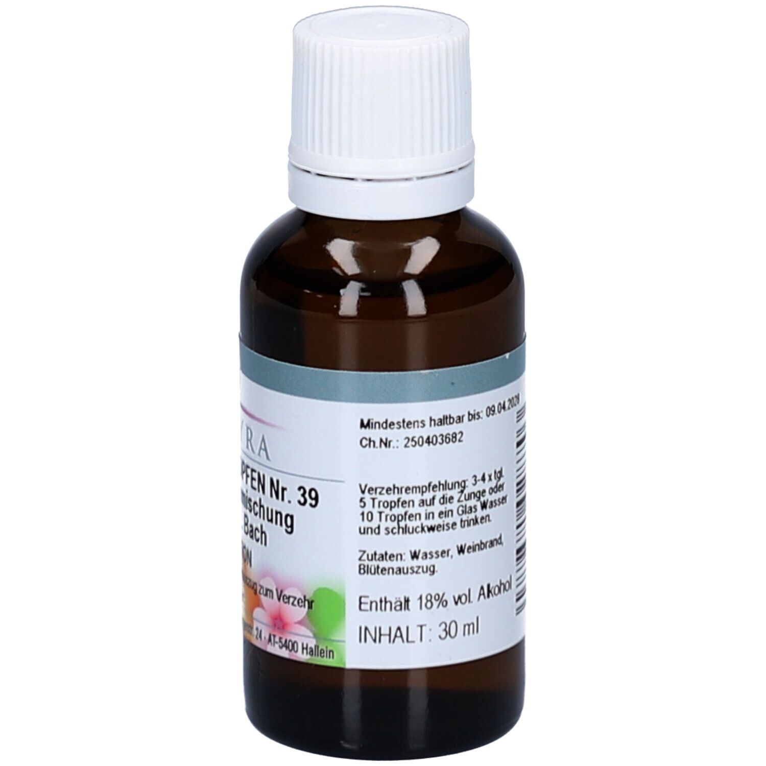 Braune Glasflasche mit weißem Schraubverschluss. Etikett mit Text und Inhaltsangaben. Inhalt: 30 ml.