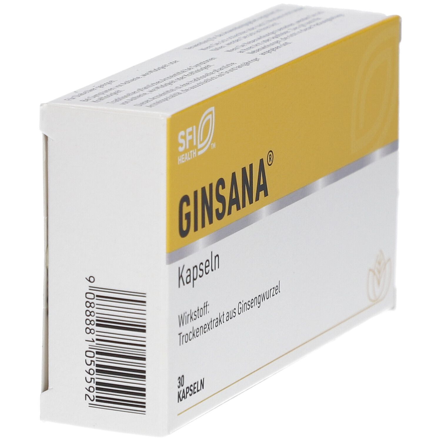 Ginsana®-Verpackung. Gelber Deckel, weißer Korpus. Schriftzug: Ginsana®, Kapseln, 30 Kapseln. Trockenextrakt aus Ginsengwurzel.