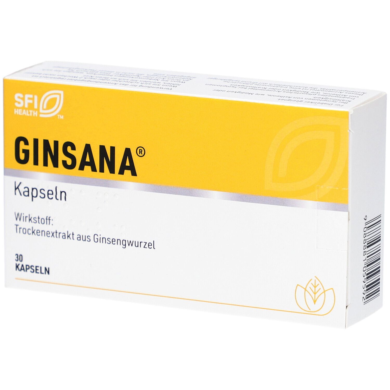 Ginsana®-Verpackung. Gelber Deckel, weißer Korpus. Schriftzug: Ginsana®, Kapseln, 30 Kapseln. Trockenextrakt aus Ginsengwurzel.