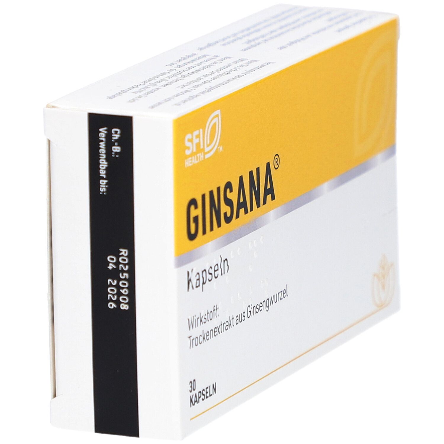 Ginsana®-Verpackung. Gelber Deckel, weißer Korpus. Schriftzug: Ginsana®, Kapseln, 30 Kapseln. Trockenextrakt aus Ginsengwurzel.
