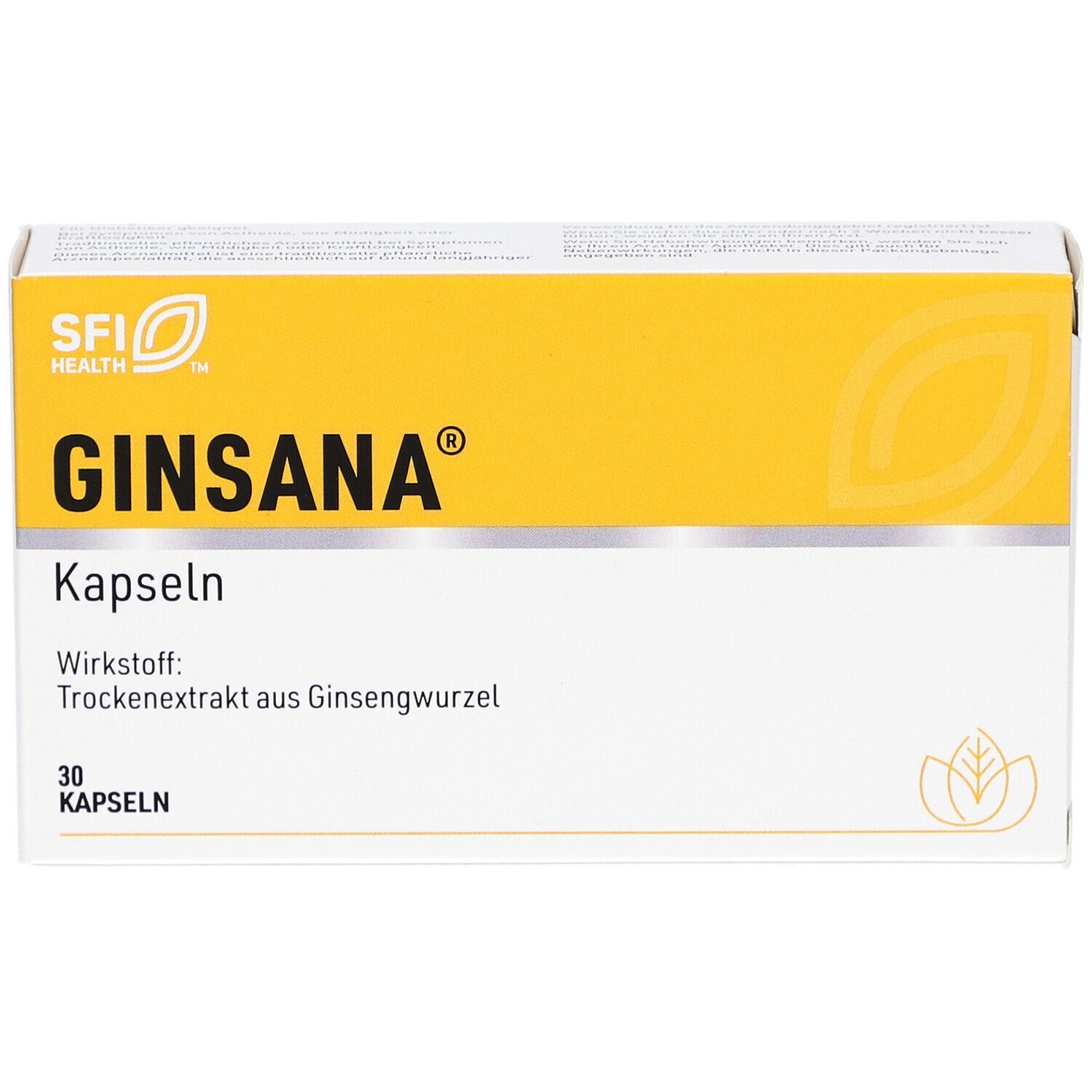 Ginsana®-Verpackung. Gelber Deckel, weißer Korpus. Schriftzug: Ginsana®, Kapseln, 30 Kapseln. Trockenextrakt aus Ginsengwurzel.
