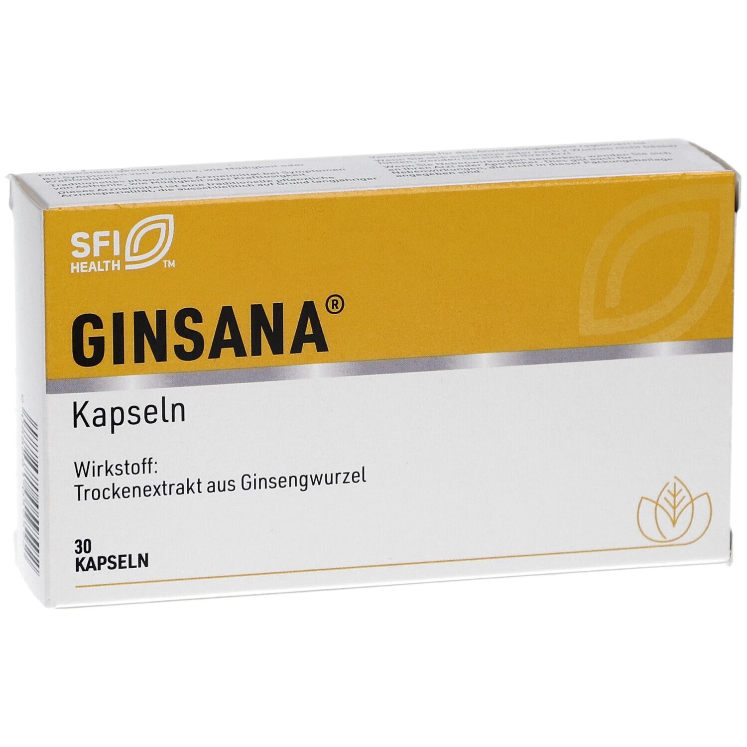 Ginsana®-Verpackung. Gelber Deckel, weißer Korpus. Schriftzug: Ginsana®, Kapseln, 30 Kapseln. Trockenextrakt aus Ginsengwurzel.