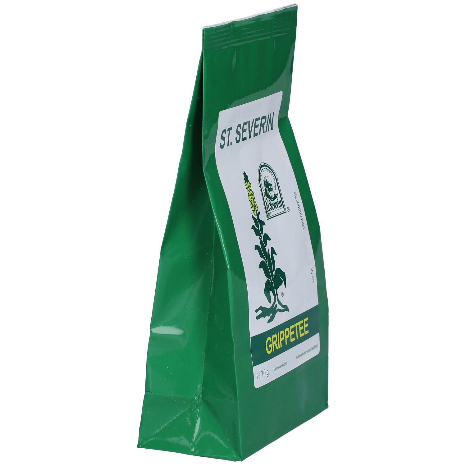 Grüner Beutel mit weißem Etikett. Gebrauchsinformationen für Grippetee ST. SEVERIN. Text in deutscher Sprache. Gewicht: 70 g.
