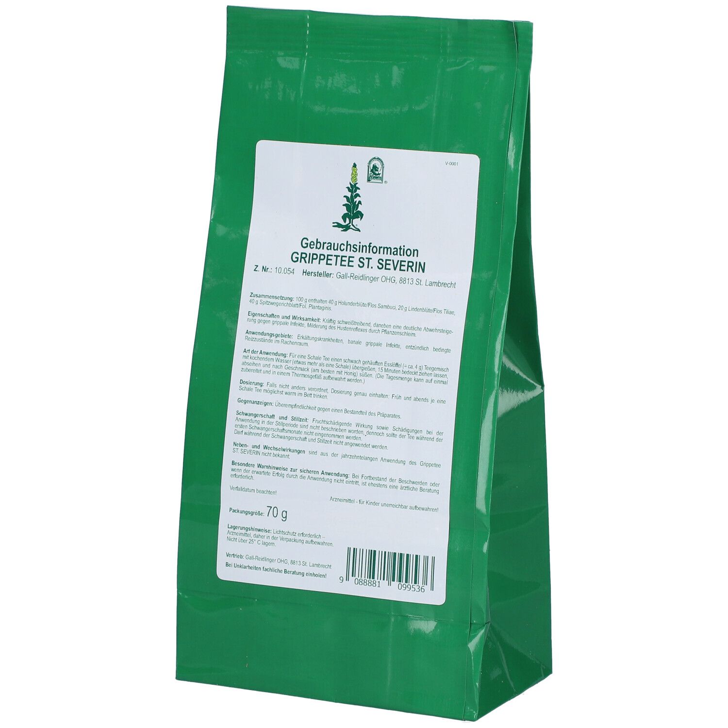 Grüner Beutel mit weißem Etikett. Gebrauchsinformationen für Grippetee ST. SEVERIN. Text in deutscher Sprache. Gewicht: 70 g.