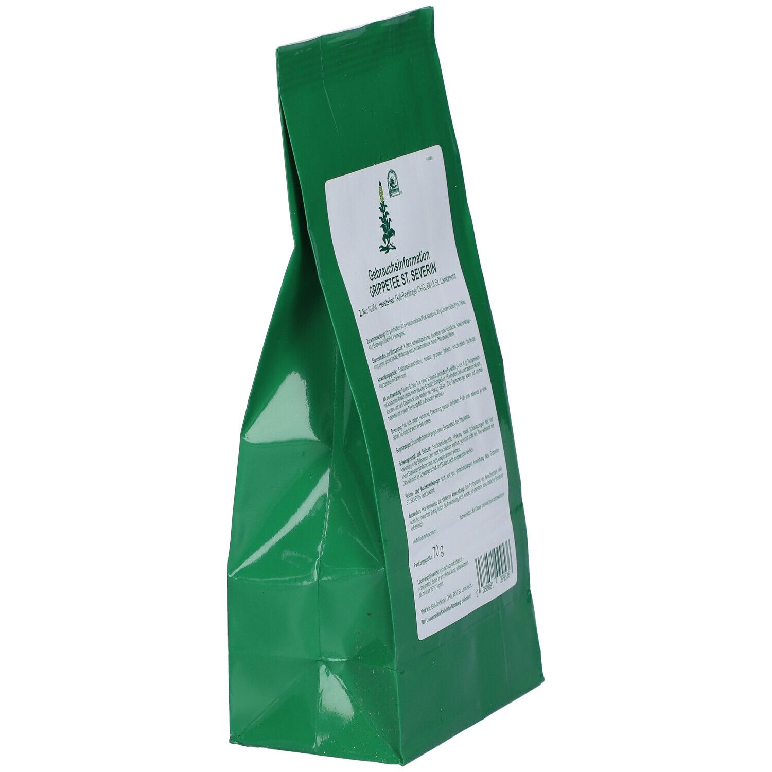 Grüner Beutel, schräg von der Seite. Gebrauchsinformationen für Grippetee et SEVERIN. Text in deutscher Sprache. Gewicht: 70 g.