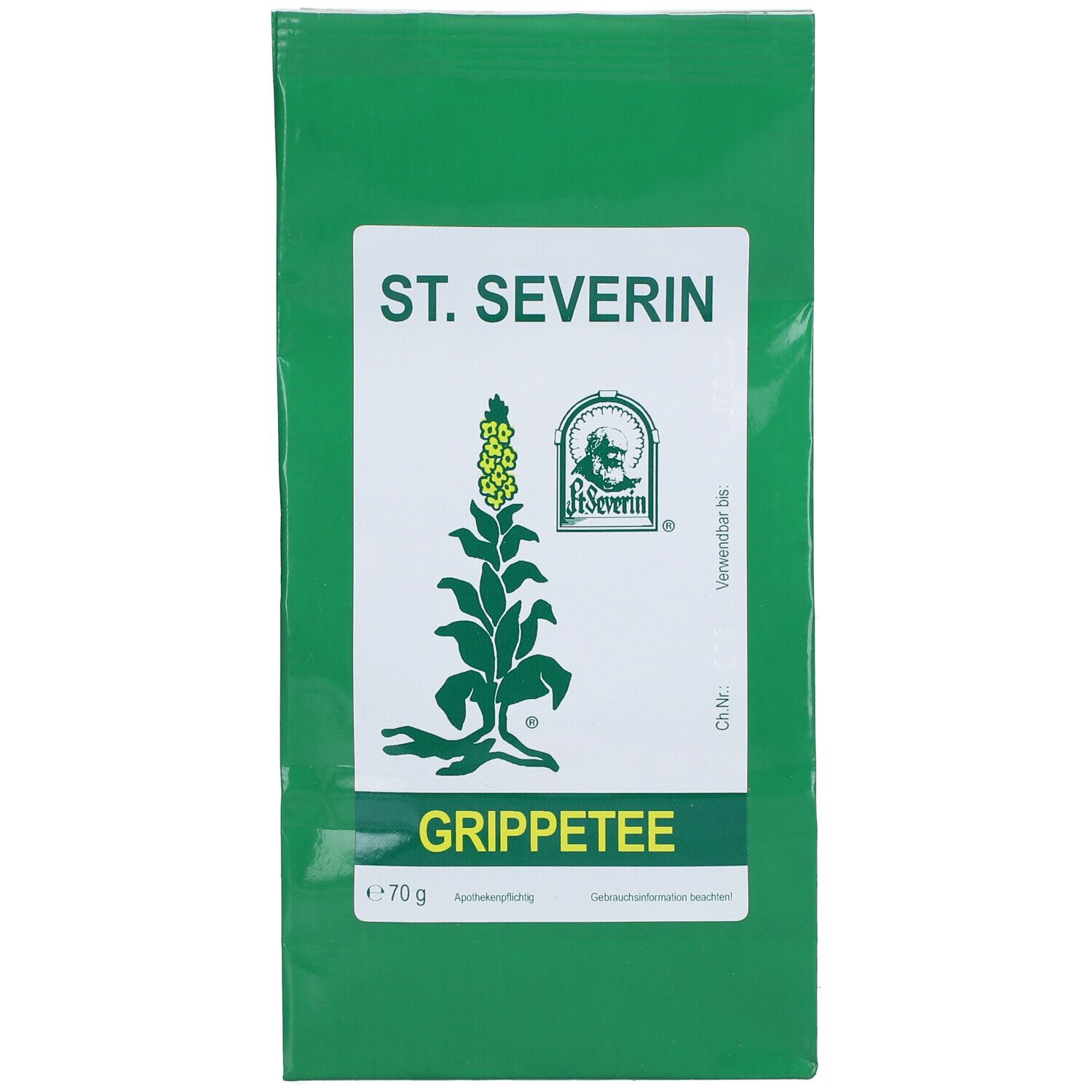 Grüner Beutel mit weißem Etikett. Aufschrift: ST. SEVERIN, Grippetee. Logo mit Pflanze. Gewicht: 70 g.