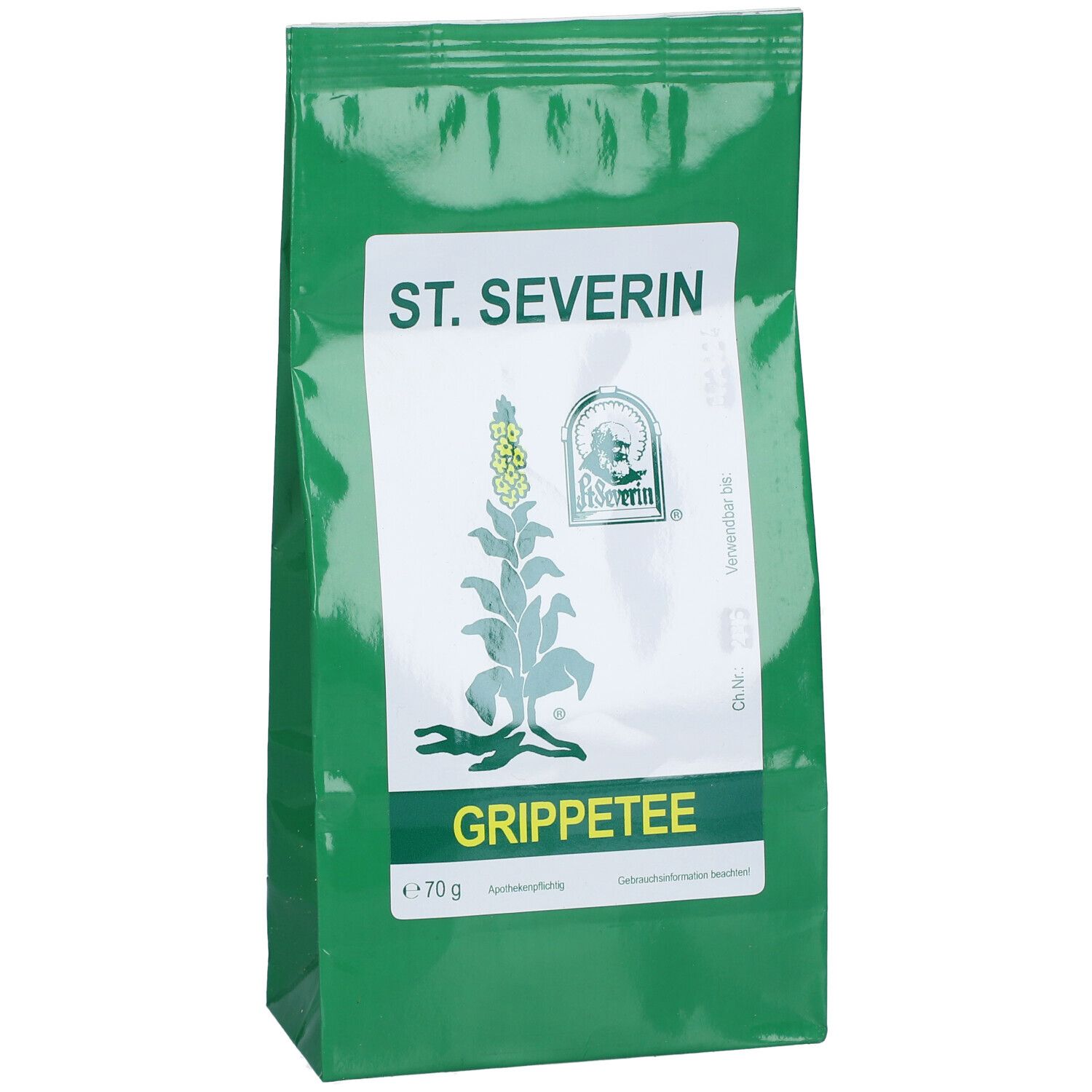 Grüner Beutel mit weißem Etikett. Aufschrift: ST. SEVERIN, Grippetee. Logo mit Pflanze. Gewicht: 70 g.