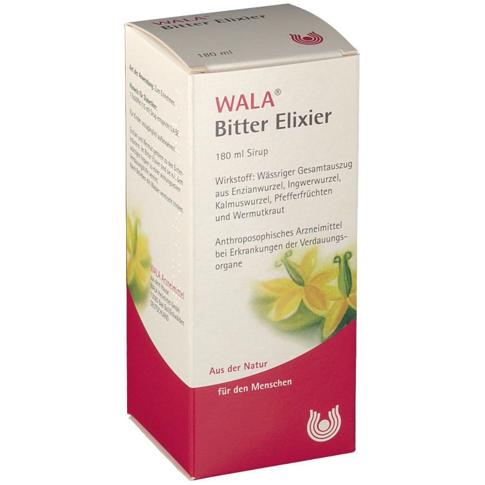 WALA Bitter Elixier, in weiß-roter Faltschachtel. Text: Name, Inhaltsstoffe, Anwendungshinweis. Anthroposophisches Arzneimittel.