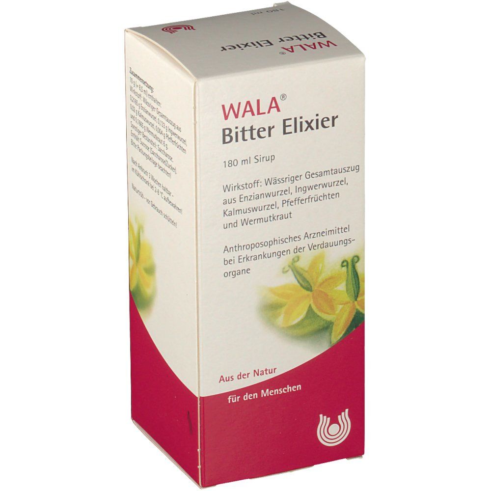 WALA Bitter Elixier, in weiß-roter Faltschachtel. Produktname, Inhaltsstoffe und Logo sichtbar. Schachtel schräg gestellt.