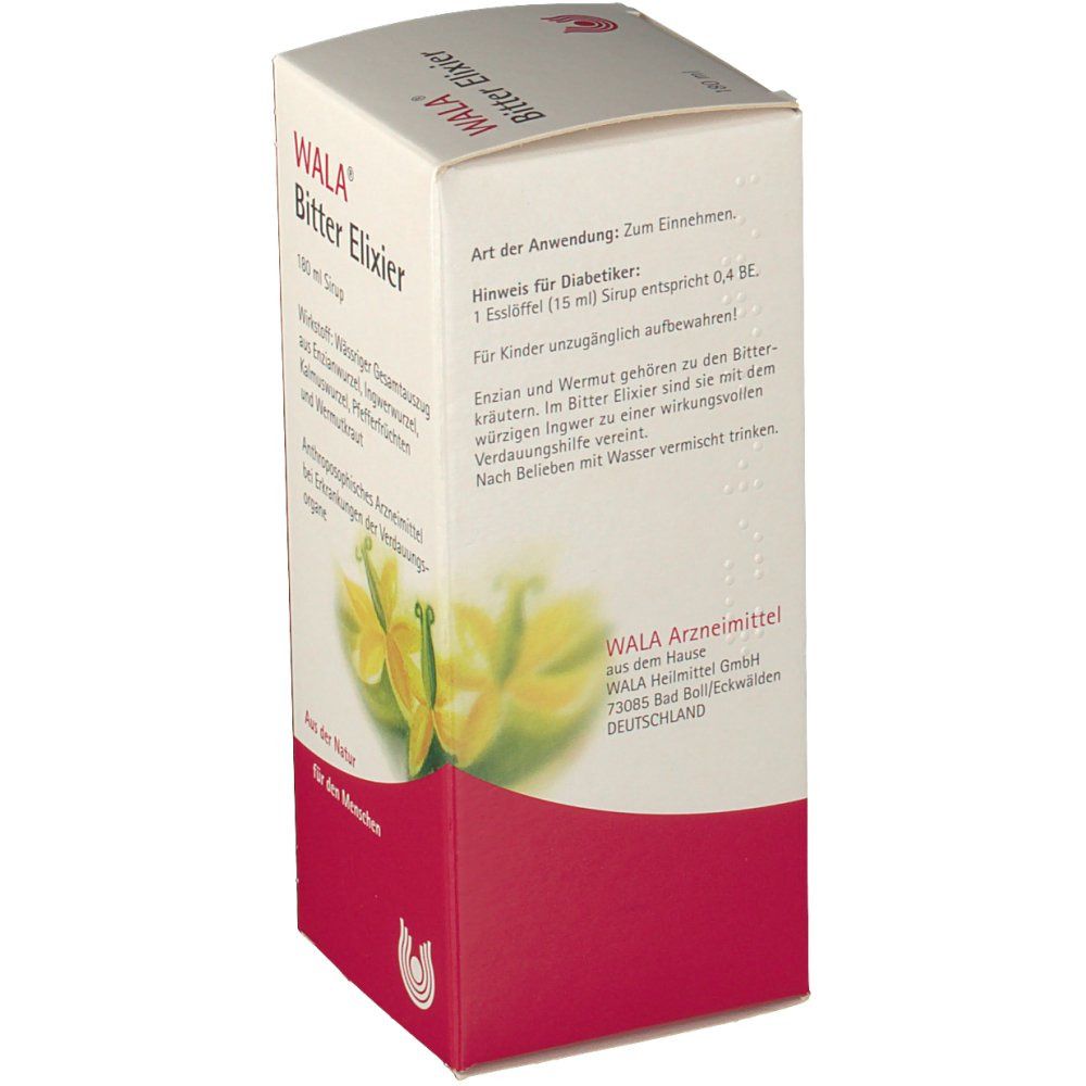 WALA Bitter Elixier, Faltschachtel mit Produktinformationen. Text: Anwendung, Inhaltsstoffe, Hersteller. Weiß-rot.