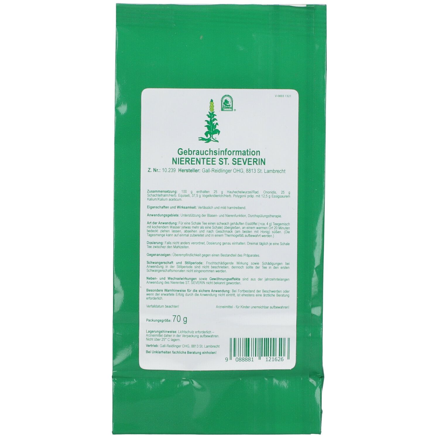 Grüner Beutel mit weißem Etikett. Aufschrift: Nierentee St. Severin. Gebrauchsinformation. Gewicht: 70g. Barcode.