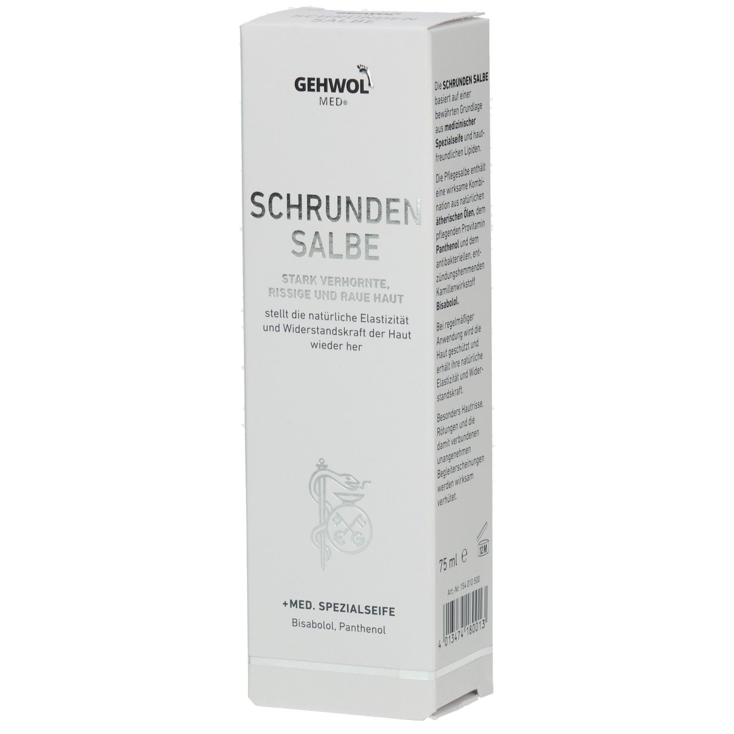 Weiße Faltschachtel mit Produktnamen SCHRUNDEN SALBE. Text: Stark verhornte, rissige und raue Haut. Logo: GEHWOL MED.