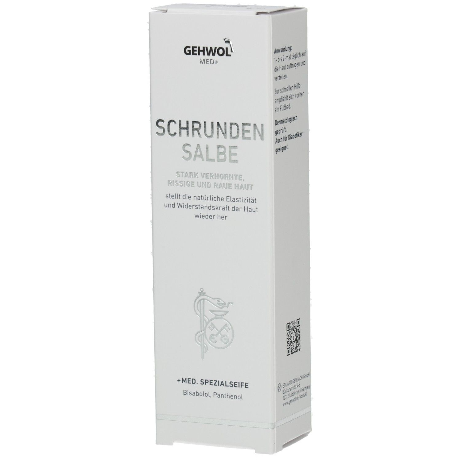 Weiße Faltschachtel mit Produktnamen SCHRUNDEN SALBE. Text: Stark verhornte, rissige und raue Haut. Logo: GEHWOL MED.