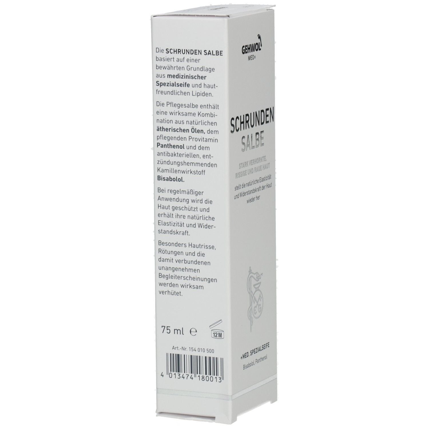 Weiße Faltschachtel mit Text: SCHRUNDEN SALBE basiert auf medizinischer Spezialseife. Logo: GEHWOL MED. Inhalt: 75 ml.